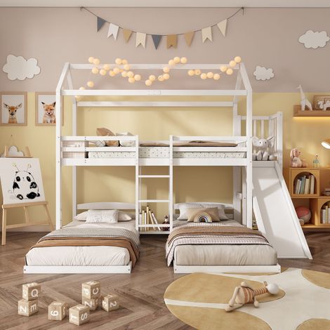 Letto a castello per bambini 90x200 cm, letto a casetta con scivolo e scala, struttura in legno, 3 posti, vano contenitore, design con tetto - Bianco