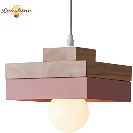 LONSHINE Moderne quadratische Pendelleuchte mit rosa Holz- und Metallschirm, E27-Fassung, Kronleuchter für Schlafzimmer oder Wohnzimmer (1/5)