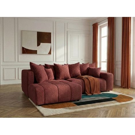 BOBOCHIC - Canapé d'angle L convertible coffre ROXELANE tissu bouclette Angle gauche Rouge (1/5)