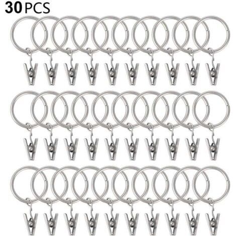 Pair 30 Stück Gardinenringe mit Clips, stabile Gardinenclips, Haken für Spannstangenhalterung, Metallösen mit Innendurchmesser, dekorative Gardinenaufhänger, silberfarben