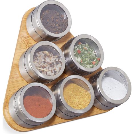 Étagère Bambou, 6 Pots INOX, Support à épices, Rangement magnétique aimanté, Nature, argenté, 1 élément (1/5)