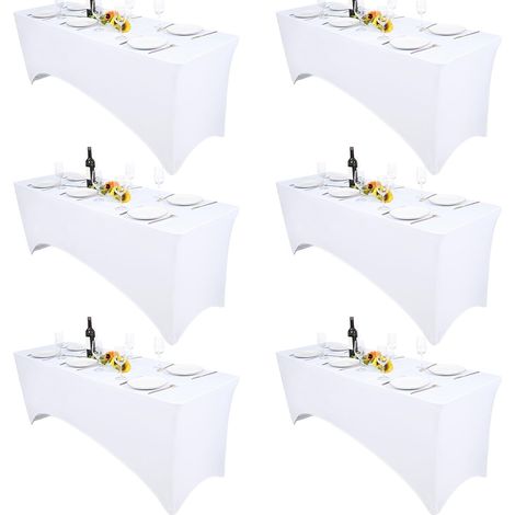 Set mit 6 weißen Tischdecken, je 1,8 m lang, dehnbare Spandex-Tischdecken, rechteckige Cocktailtischdecken, waschbar, knitterarm, ideal für Geburtstagsfeiern