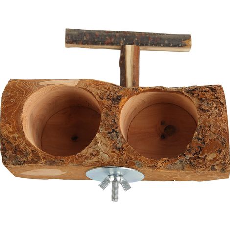 Mangeoires et abreuvoirs en bois pour cage à perroquet, double bol naturel, avec bâtonnet (1/5)