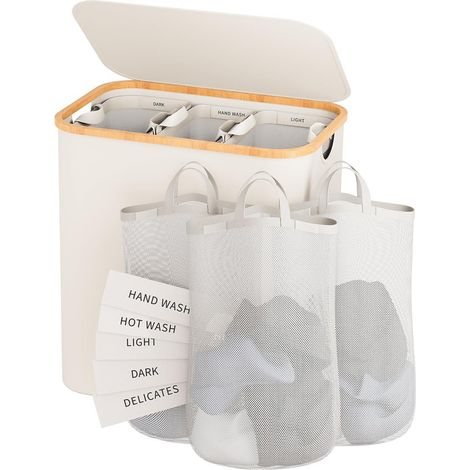 Panier à linge pliable 160L avec couvercle fermeture pratique sac intérieur amovible bambou tissu respirant et imperméable pour salle de bain blanc cassé (1/5)