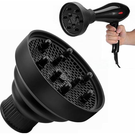 Diffuseur de Cheveux Universel, Embout Diffuseur Bouclant Cheveux Pliable, Portable Convient pour Séchoir, Embout Sèche-Cheveux en Silicone, Noir