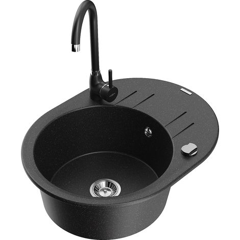 Mexen Kevin lavello in granito 1 vasca con gocciolatoio e miscelatore cucina Telma, nero/argento metallizzato (1/5)