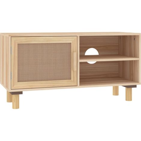 Mobile TV multimediale scaffale per televisione televisore buffet sala da pranzo soggiorno camera da letto 80 x 30 x 40 cm legno di pino massiccio e rattan marrone naturale 020026223
