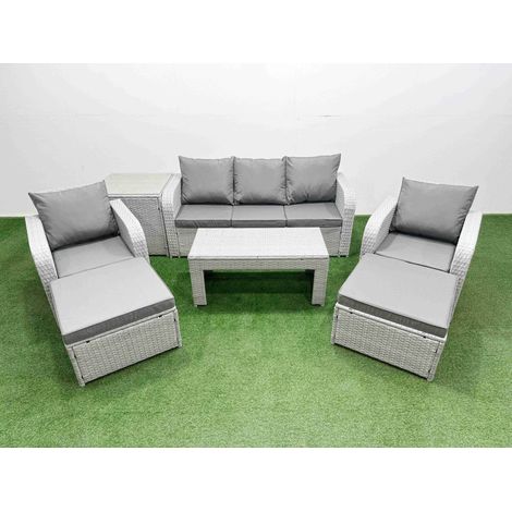Fimous PE Rattan Garden Furniture Set Reclining Chair Sofa Lounge Sofa Set Rectangular Coffee Table Side Table 2 Big Footstool Light Grey (1/4)