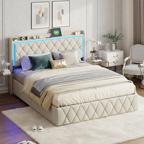 Structure de lit,WXL,140x190 cm,avec rangement hydraulique,tissu en velours,cadre de lit 140x190 cm,Beige