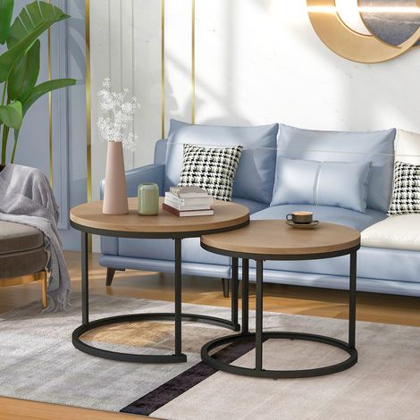 DESMIU Tables basses gigognes rondes avec 2 plateaux, style moderne, pour salon, en MDF, chene (1/5)