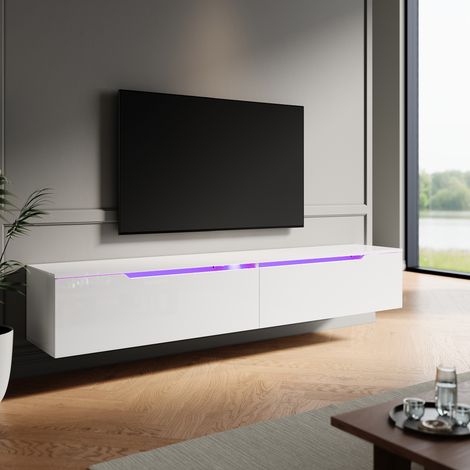 ELEGANT High Gloss TV Stand Cabinet with LED Light Handle-Free Design White 200cm TV Cabinet Wall Mounted/Floor Mounted