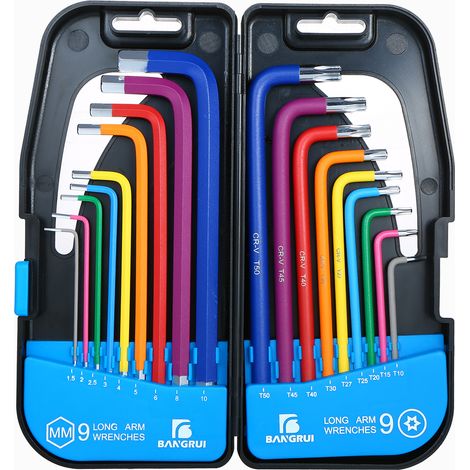 Jeu de 18 clés en L multicolores métriques à bras long et à extrémité sphérique, jeu de clés Allen en acier au chrome vanadium de qualité industrielle avec étui de rangement (1/5)