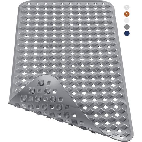 Alfombrilla de baño extralarga antideslizante con orificios de drenaje, ventosas, libre de ftalatos, látex y BPA, lavable a máquina, 70 x 40 cm, gris.