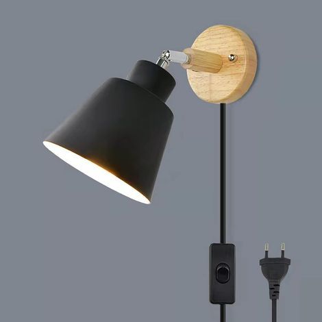 Wandleuchte mit Ein-Schalter und Steckdose, moderne Nachttischlampe, Vintage-Macaron-Wandleuchte, E27-Wandleuchte aus Holz, geeignet für Wohnzimmer und Schlafzimmer (schwarz) (1/5)