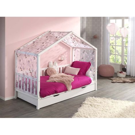 Pack - Lit Enfant, Barrière, Tiroir & Voile "Dallas II" 90x200cm Blanc (1/4)