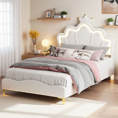 Lit enfant 90 x 190 cm–Lit simple 90 x 190 cm–Lit princesse couronne–Bande lumineuse LED réglable–Sommier à latte–Cuir PU imperméable–Blanc (1/5)