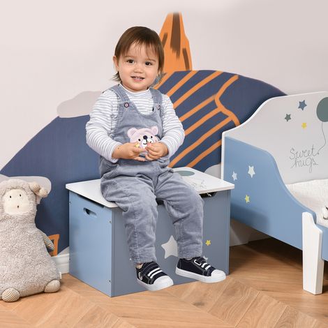 Baúl de madera azul y blanco para guardar juguetes, banco para dormitorio infantil, 55 x 34 x 35,5 cm (1/5)