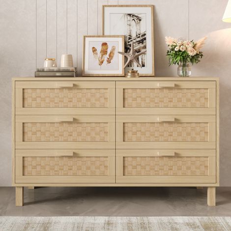 Elegante credenza e cassettiera in legno naturale con sei cassetti, armadio per camera da letto con ampio spazio contenitivo, cassetti effetto rattan.