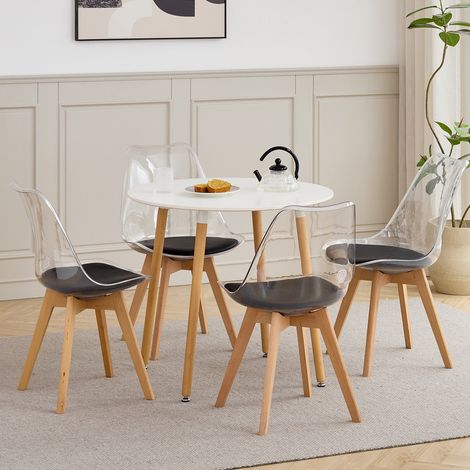 Lot table et chaises - table round - Scandinave - 4 Chaises en acrylique transparent - Coussins en cuir noir (1/5)