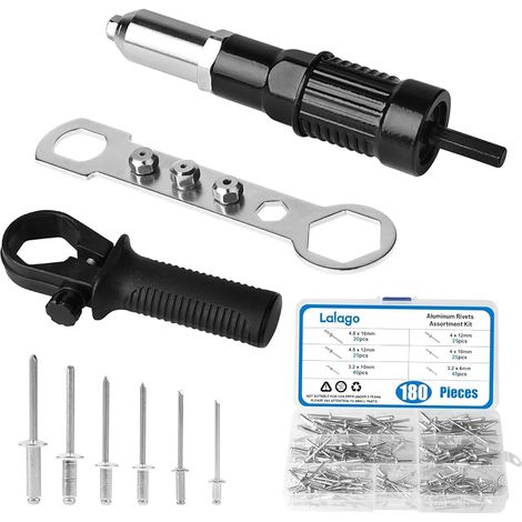 LALAGO Pince à riveter avec 180 rivets aveugles - Embout de rivet pour perceuse sans fil - Adaptateur électrique avec 6 tailles de rivets pop (1/5)