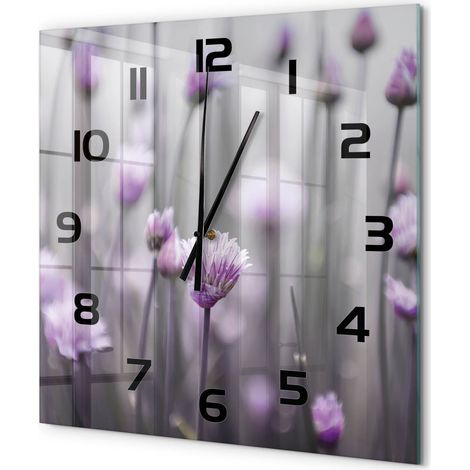 Grande Horloge Murale Carrée Moderne Décorative Verre Trempé Élégante Salon Fleurs de ciboulette 60x60 cm (1/5)