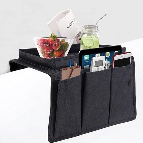 Organizzatore per divano, vassoio di supporto, borsa portaoggetti per bracciolo del divano con portabicchiere, bracciolo sospeso con scomparti, organizer per divano/poltrona, telecomando TV (1/5)