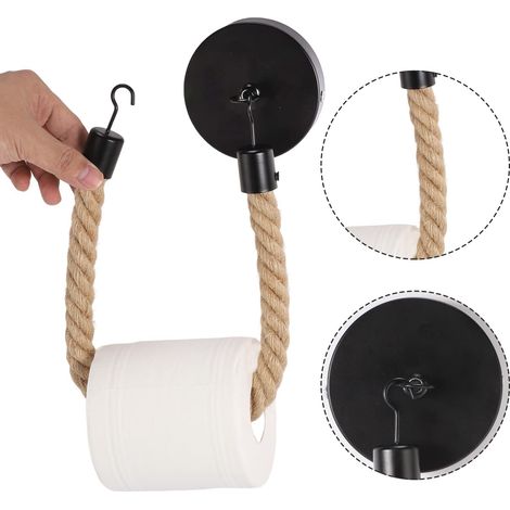 Stück Wandmontierter Toilettenpapierhalter mit Seil, Toilettenpapierrollenhalter, Vintage-Wand-Toilettenpapierspender aus Holz mit Metall- und Hanfseil (Schwarz)
