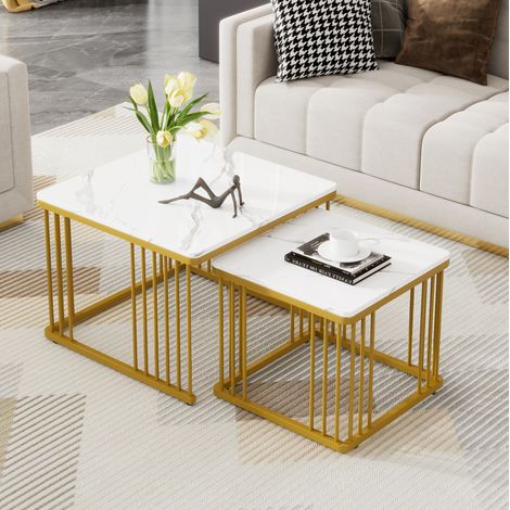 Set de 2 tables basses carrées effet marbre brillant et pieds dorés (1/5)