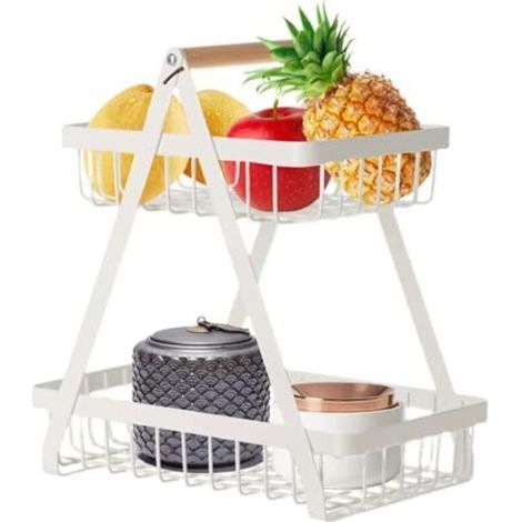 Corbeille à Fruits à 2 étages, Corbeille à Légumes Pour Comptoir De Cuisine Panier De Rangement En Fil Métallique Support De Fruits Détachable Porte-Fruits Support Pour Bol Avec Manche(Blanc) (1/4)