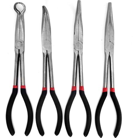 4-teiliges Spitzzangenset: 280 mm Spitzzange, 45°-Winkelzange, 90°-Winkelzange und Rundzange für Industrie, Bauwesen, Maschinenbau und Automobilindustrie. (1/5)