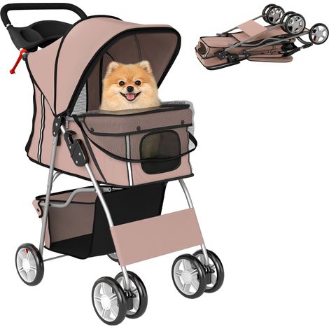PawHut carrito para perros plegable con cesta de almacenaje, ventanas de malla, portavasos, ruedas y cojín lavable, carga 10 kg, 77x44x102 cm, café (1/5)