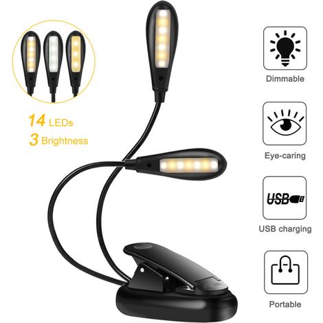 LED-Leselampe mit 14 USB-wiederaufladbaren LEDs und Augenschonfunktionen, dimmbare, flexible Doppelkopf-Klemmleuchte zum Lesen bei Nacht und für den Bürogebrauch.
