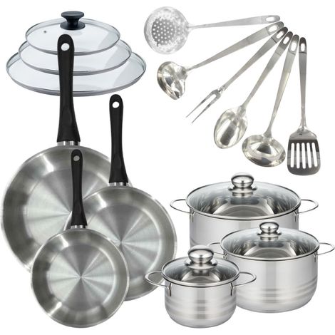 Set de 3 poêles 20, 24, 28 cm inox, couvercles verre, 3 faitouts inox 16, 20 et 24 cm et 6 ustensiles inox Fackelmann Geneva (1/5)