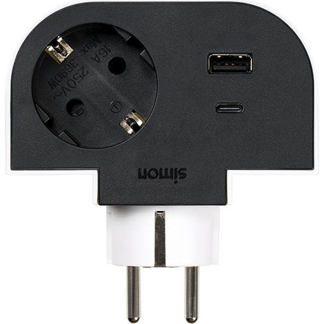 Drehbarer Schuko-Adapter 1 Steckdose + USB A+C 30 W 16 A 250 V