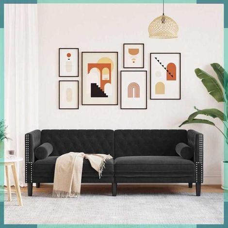 372698 Canapé Chesterfield avec traversins 3 places noir velours (1/5)