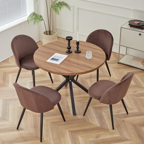 Wokaka Lote de mesa redonda 100 cm en MDF (Color nogal) con 4 sillas de terciopelo marrón – Diseño ergonómico
