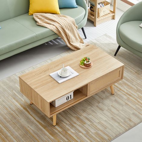 Mesa de centro de MDF y ratán, 105 x 55 x 41,5 cm, puertas correderas, natural HAVRYA (1/5)