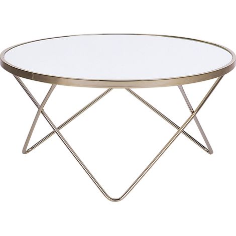 Mesa de centro tablero de cristal templado blanco patas de horquilla de metal dorado forma redonda Meridian II