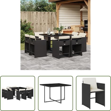 Chaises de jardin - Ensemble à manger de jardin 9pcs coussins noir résine tressée (1/5)