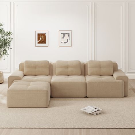 Canapé d'angle modulable Cloud avec pouf 293 x 177 x 69 cm canapé rembourré 3 places en L pour salon velours côtelé Beige (1/4)