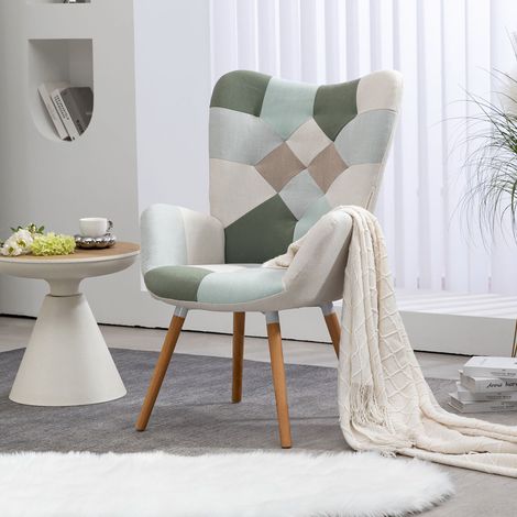 Fauteuil 66x74x106 cm en patchwork bleu, gris et naturel - DELEO