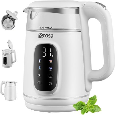 Bouilloire électrique en verre et acier inoxydable avec réglage de la température – Théière – 1,7 L 2200 W – Sans BPA avec sélection de température de 40 °C à 100 °C – Fonction maintien au chaud (1/5)