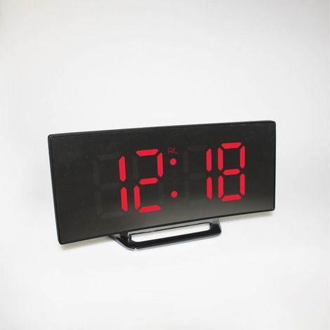 Rouge, réveil numérique dans la chambre à coucher, écran miroir LED, 12 / 24 heures, température, date, veilleuse, répétition, chargement USB et alimentation par batterie (1/3)
