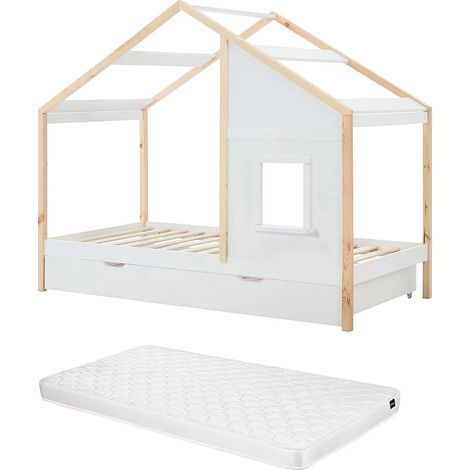 Letto a casetta 90 x 190 cm con cassetto - Pino e MDF - Bianco e naturale + Materasso - RINELYA (1/5)