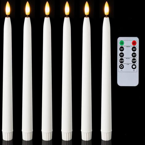 Velas cónicas de 28 cm (11 pulgadas) a pilas con temporizador y regulador de intensidad, juego de 6 velas cónicas sin llama con efecto parpadeante, blancas. (1/5)