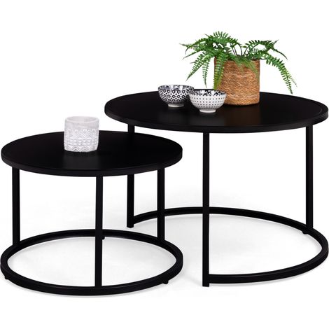 Idmarket – Lot de 2 tables basses gigognes rondes 54/70 en métal noir mat – Design industriel – Imbricables pour gain de place – Dimensions compactes