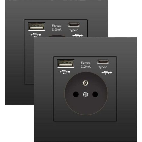 2er-Pack Wandsteckdosen mit USB und Typ-C, 5 V 2,1 A, Standard-EU-Einbausteckdose mit USB-Anschluss, französische Steckdosenleiste, 110–250 V (schwarz)