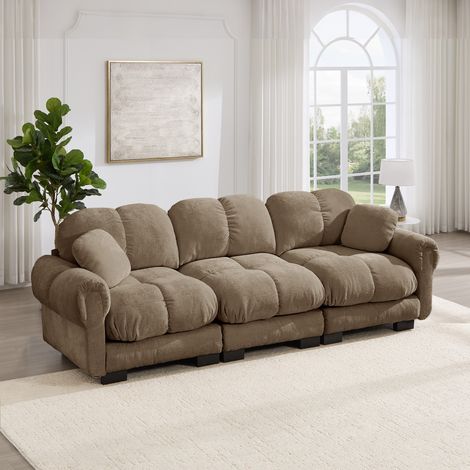 Canapé 3 places matelassé marron, assise épaisse et moelleuse, dossier ergonomique, avec 2 coussins décoratifs, design raffiné, montage facile, parfait pour séjour et salon. (1/5)