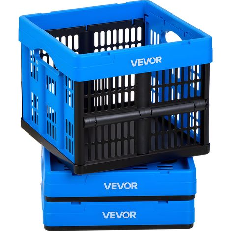 VEVOR Caisse Plastique Pliable 25 L Lot de 3, Cagette Pliable avec Poignees, Charge Max. 10 kg par Caisse, Bac de Rangement Empilable pour Maison, Camping, Voiture et Courses, en PP, Bleu et Noir