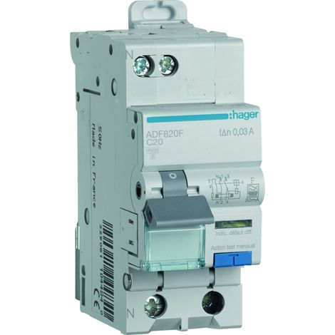 Disjoncteur différentiel 1P+N 4 5kA Courbe C 20A 30mA type F HAGER ADF820F (1/4)